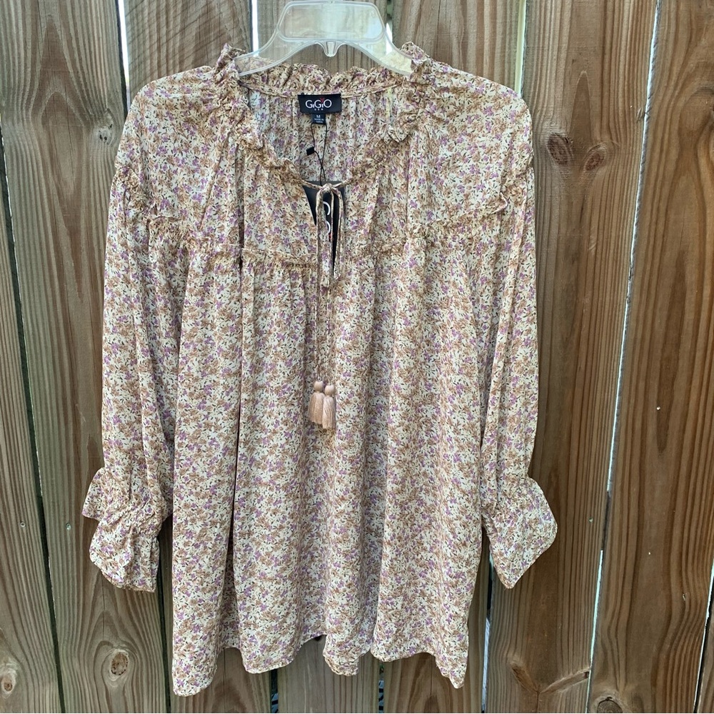 Gigio Sheer 3/4 Sleeve Blouse - Size Medium - Tan/Mauve - New with Tag